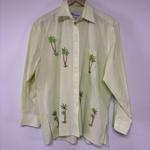 Mili Designs Lime Green Striped Embroidered Palm Tree Button Down Shirt Size M - Picture 1 of 6